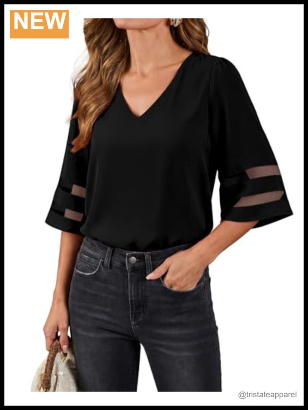 Women's V Neck Mesh Panel Blouse 3/4 Bell Sleeve Loose Work Top